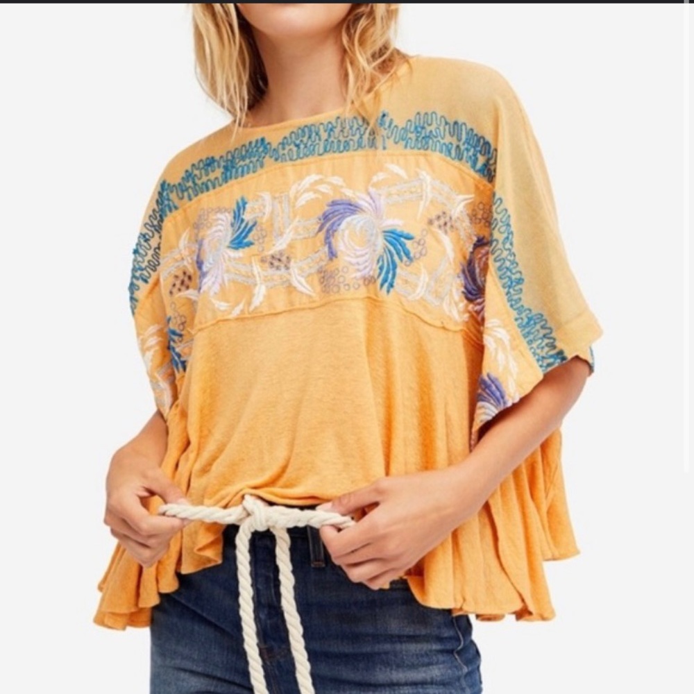 Free People Orange and Blue Embroidered Top